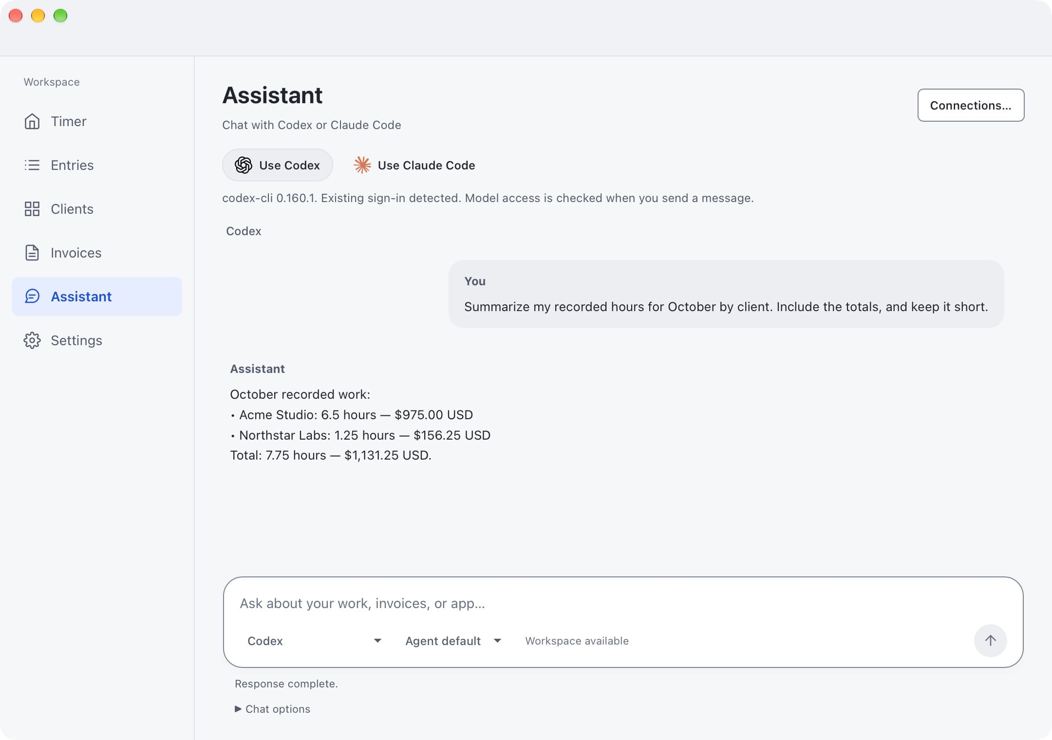 Codex summarizing recorded hours and client totals from the current workspace in Invoicer