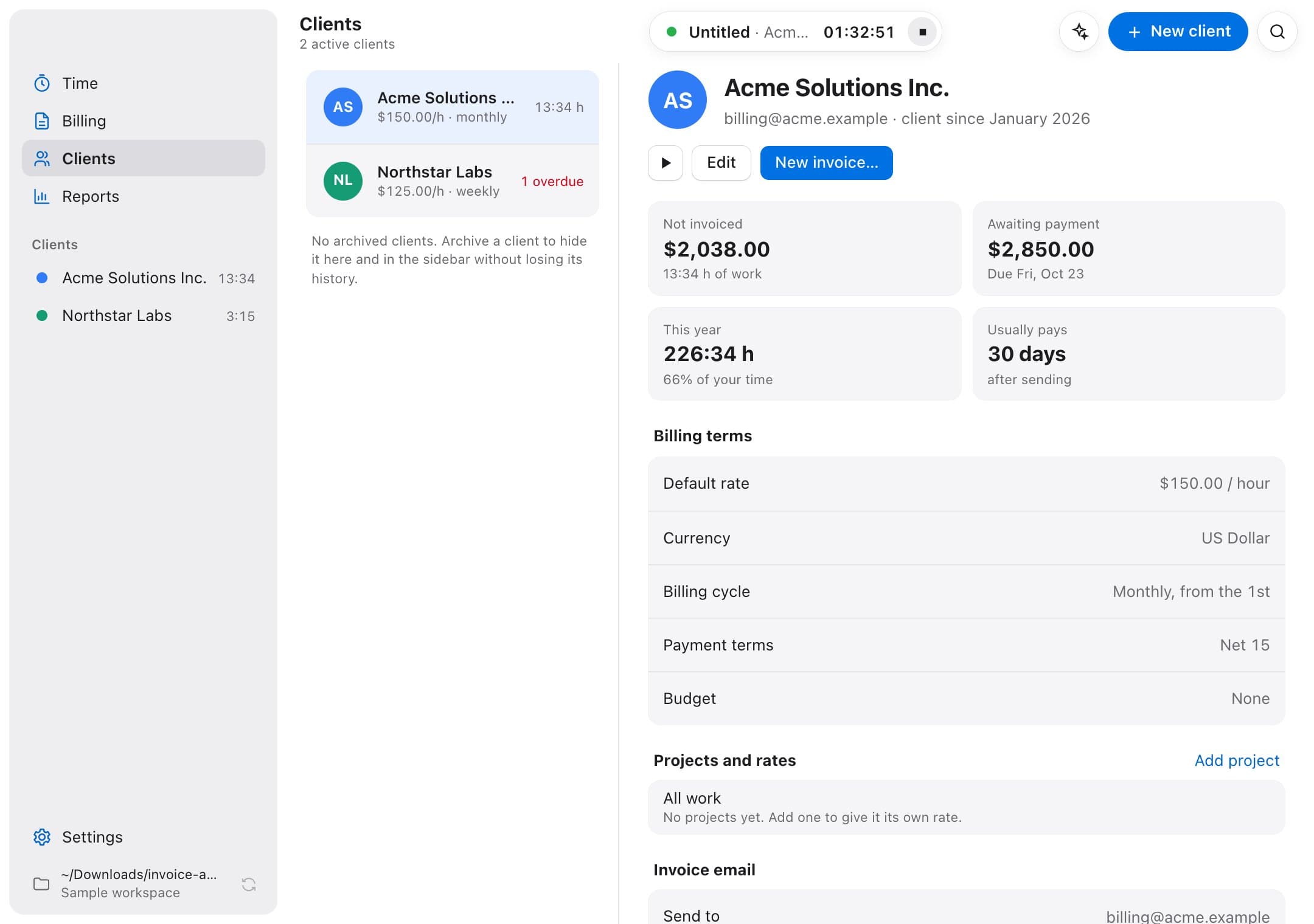 Invoicer client page with sample unbilled work, amounts awaiting payment and billing terms