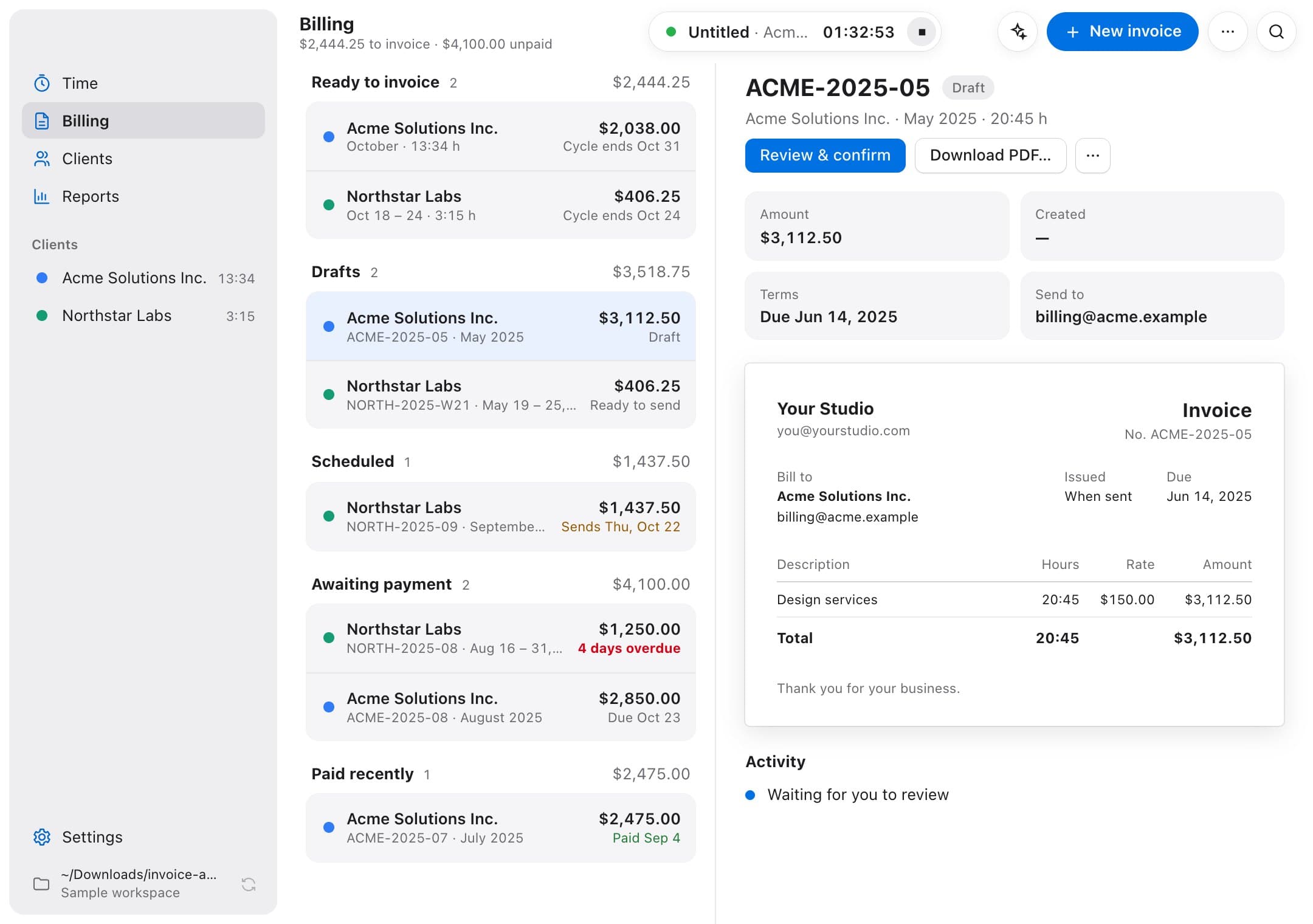 Invoicer billing view grouping sample invoices by what needs doing next, with the selected invoice beside the list